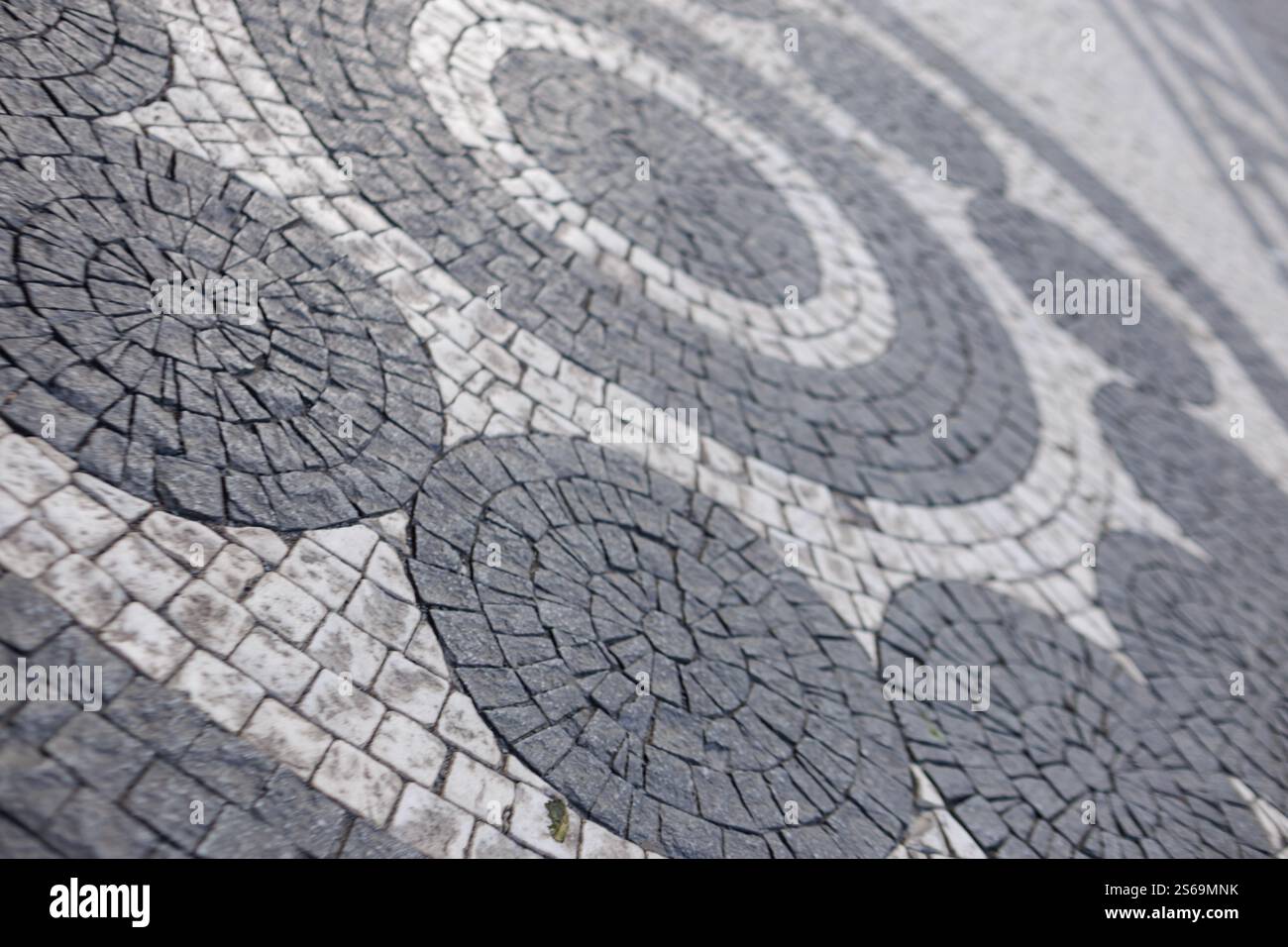 Intricate cobblestone mosaic forming decorative circular patterns on a ...