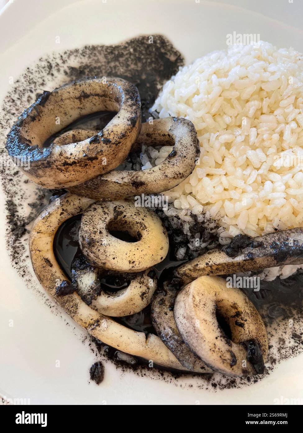 Squids in their ink with rice. Spain. - Smartphone Captured Stock Image