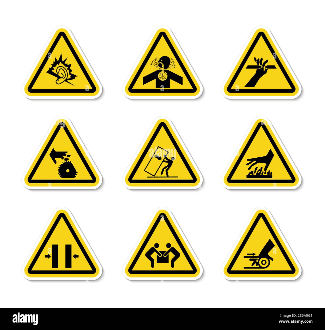 Triangular Warning Hazard Symbols labels On White Background Stock Vector