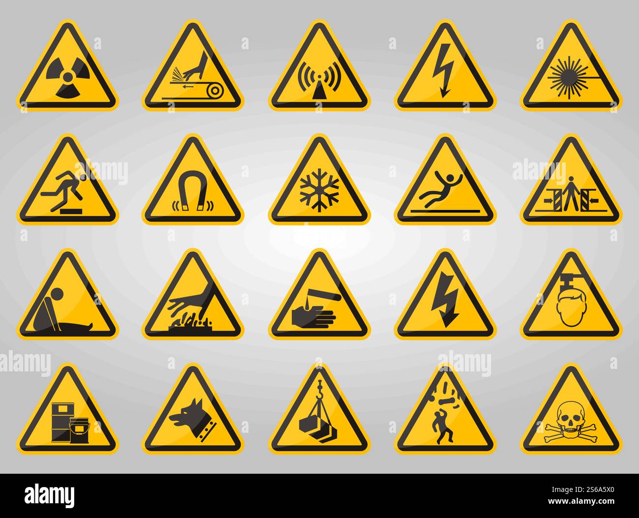 Triangular Warning Hazard Symbols labels On White Background Stock Vector