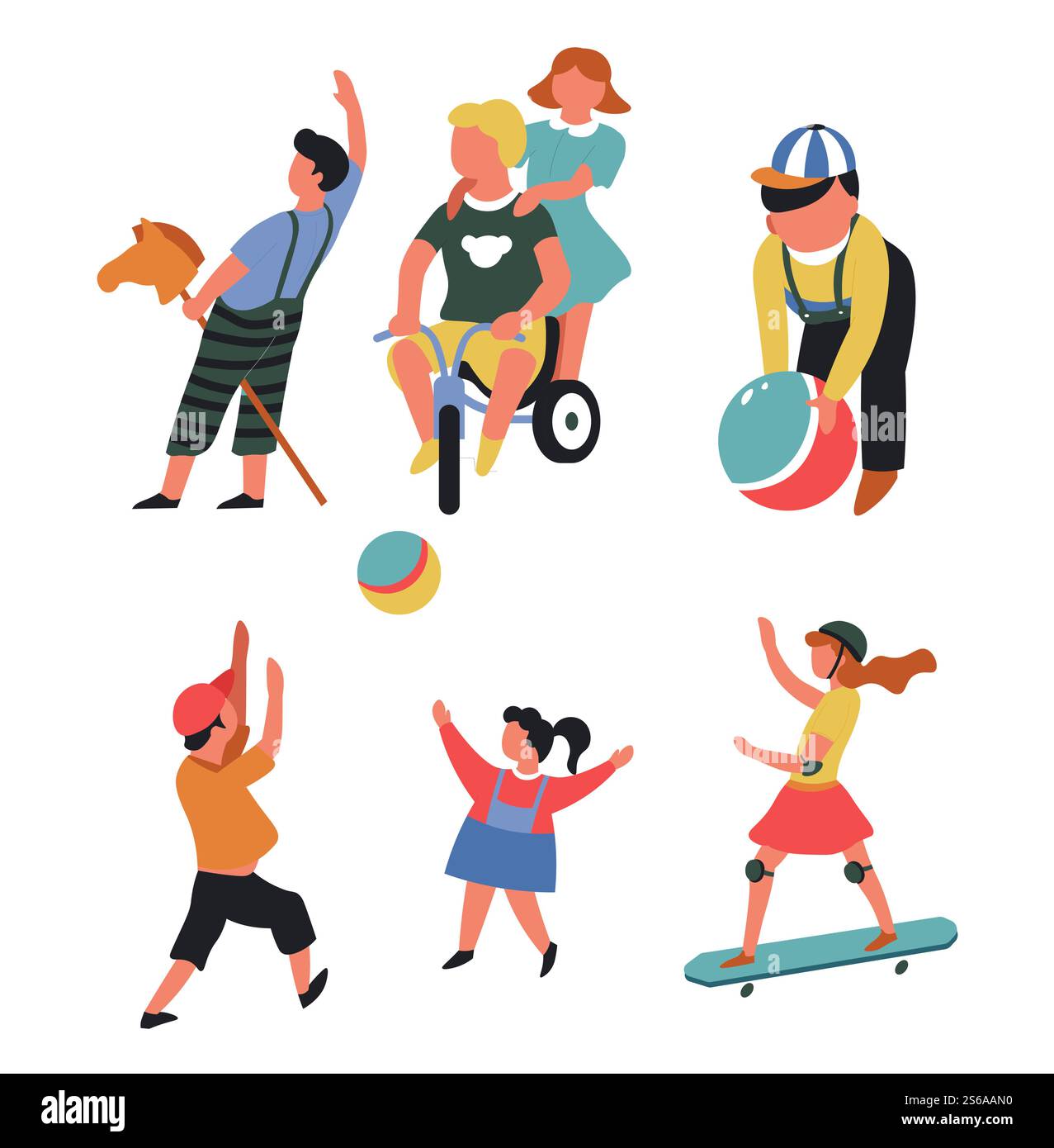 Outdoor activity children playing with toys isolated characters kindergarten vector kids and games skateboard and bicycle ball and horse skateboarding and cycling pastime toddlers and schoolchildren.. Children playing outdoor toys bicycle and skateboard isolated characters Stock Vector