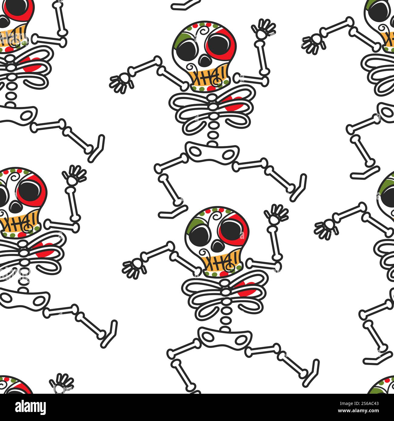 Calavera goddess Mexican skeleton seamless pattern dia de los muerto symbol vector flowers on skull day of dead dancing bones endless texture travel to Mexico attraction national festival and holiday. Mexican skeleton dia de los muerto symbol Calavera goddess Stock Vector