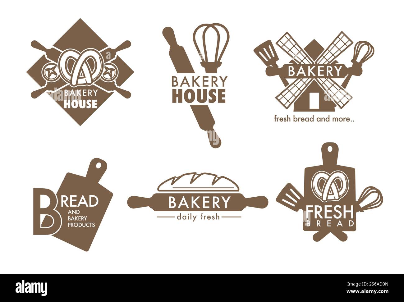 Bakery shop kitchen tools and fresh bread loaf isolated icons vector cutting board and whisk spatula and rolling pin mill and pretzel food and wheat dough products grocery store emblem or logo baking.. Kitchen tools and pastry bakery shop isolated icons Stock Vector