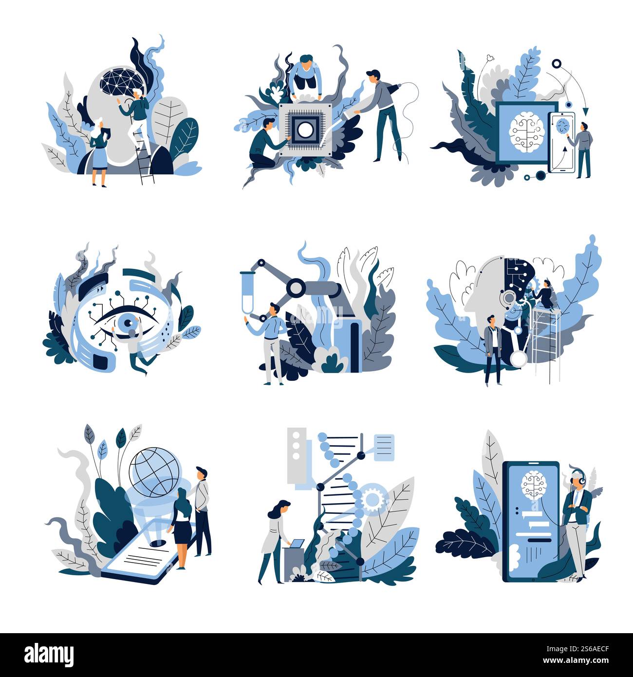 Science and technology artificial intelligence isolated abstract concepts vector robot and engineers devices synchronization and smart web surfing chemistry and genetics development playlist selection. Artificial intelligence isolated abstract concepts science and technology Stock Vector
