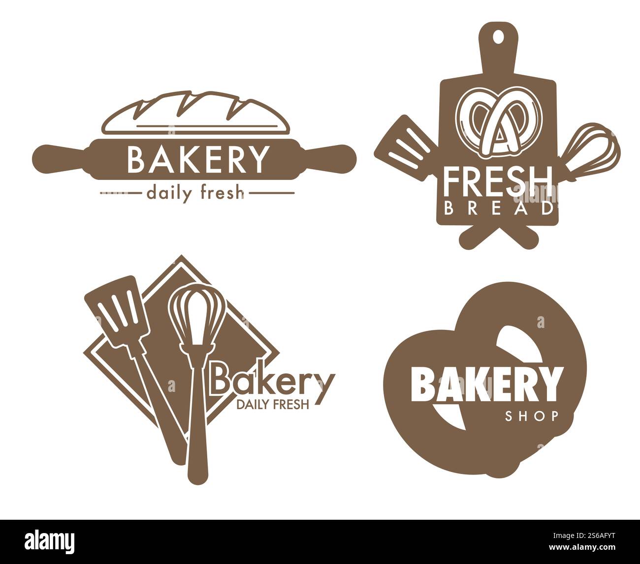Bakery shop kitchen tools and bread loaf and pretzel isolated icons vector pastry cutting board and whisk spatula and rolling pin food and wheat dough, products grocery store emblem or logo baking. Bread and pretzel bakery shop kitchen tools isolated icons Stock Vector