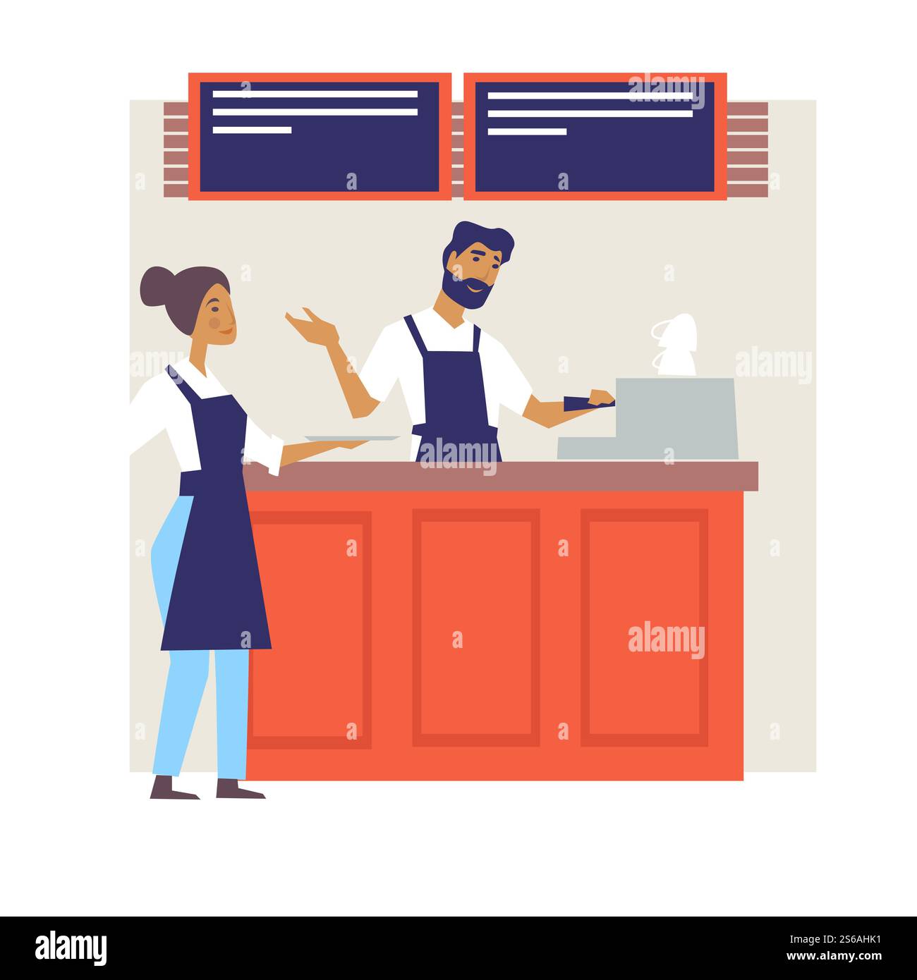Cafe staff coffee house bar barista or barman and weitress vector man and woman electric grinder and menu workers in apron energetic drinks and beverages cafeteria or restaurant colleagues talking.. Coffee house bar barista or barman and weitress cafe staff Stock Vector
