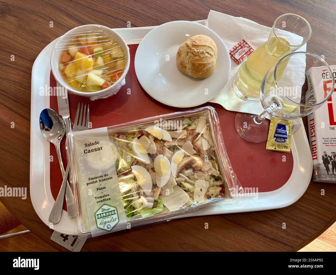Self Serve Meal: Chicken Caesar Salad, Fruit, Roll and White Wine - Smartphone Captured Stock Image