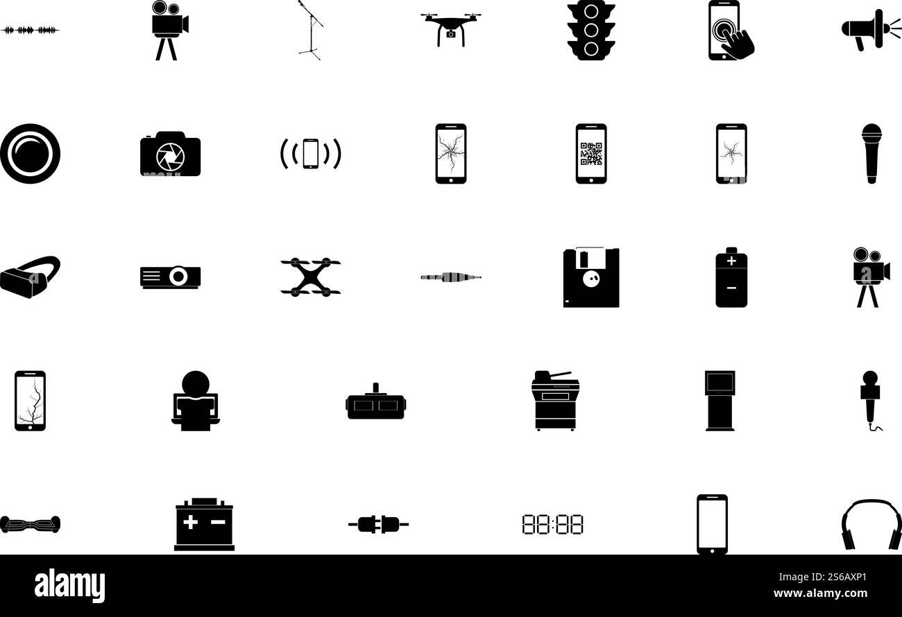 Electronics black color set solid style vector illustration. Electronics black color set solid style image Stock Vector