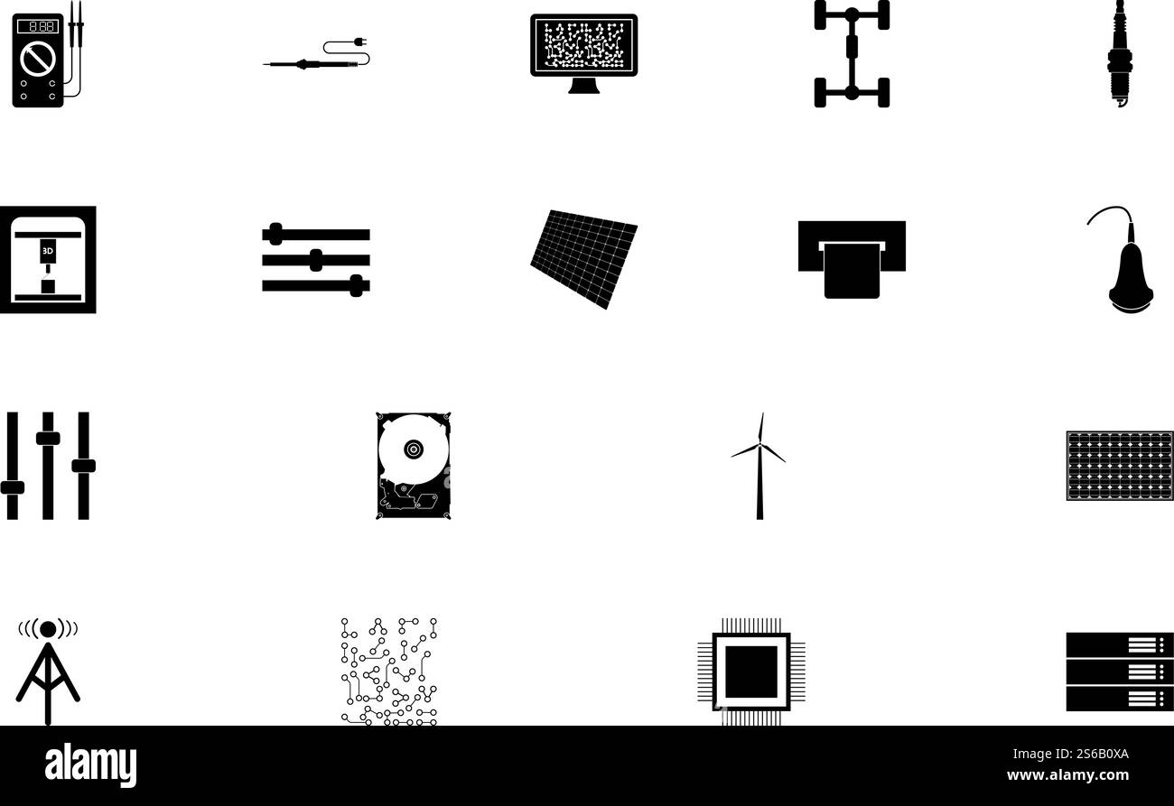 Industrial electronics black color set solid style vector illustration. Industrial electronics black color set solid style image Stock Vector