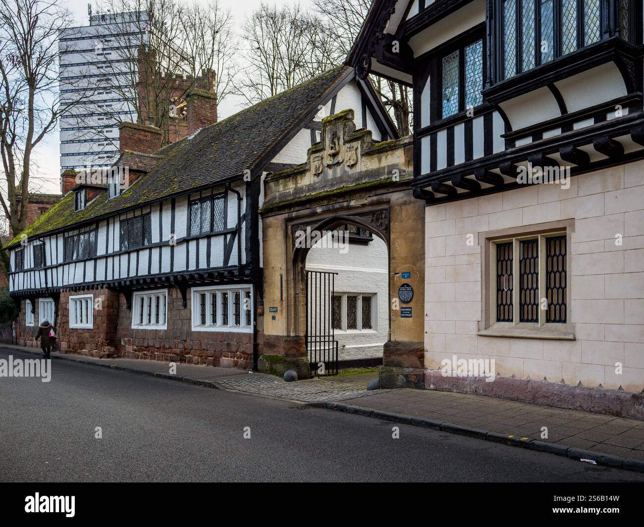The former Bablake school and Bond’s Hospital Coventry UK. Bablake school, founded in 1560 but may date from 1344, shares a site with Bonds Hospital. Stock Photo