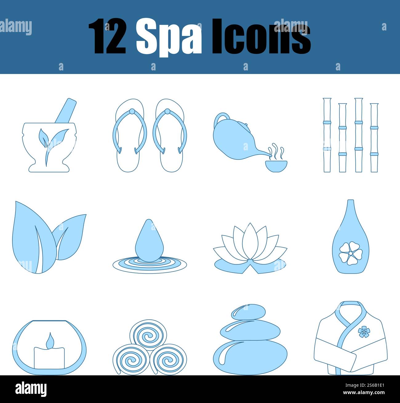 Spa Icon Set. Thin Line With Blue Fill Design. Vector Illustration. Stock Vector