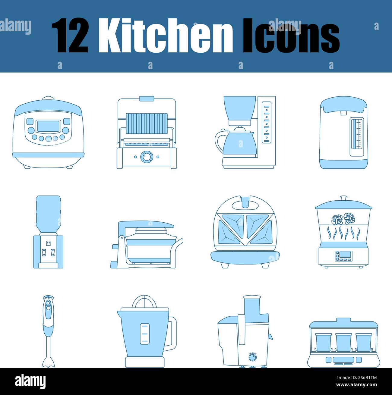 Kitchen Icon Set. Thin Line With Blue Fill Design. Vector Illustration. Stock Vector