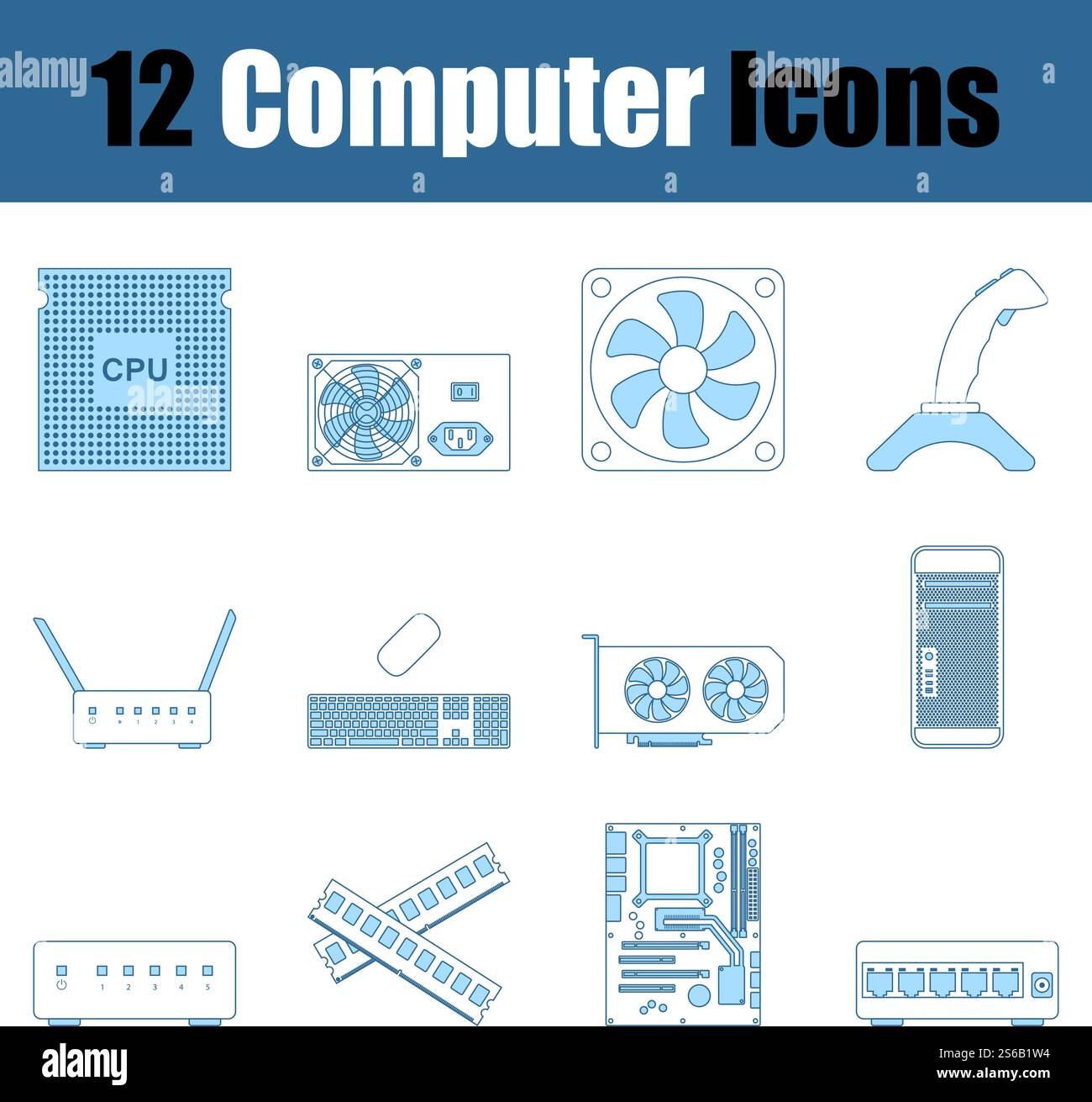 Computer Icon Set. Thin Line With Blue Fill Design. Vector Illustration. Stock Vector