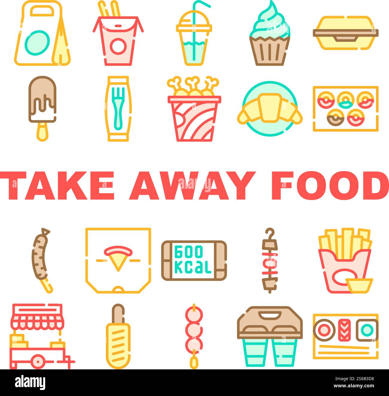 Take Away Food Service Collection Icons Set Vector. Pizza And Sushi ...