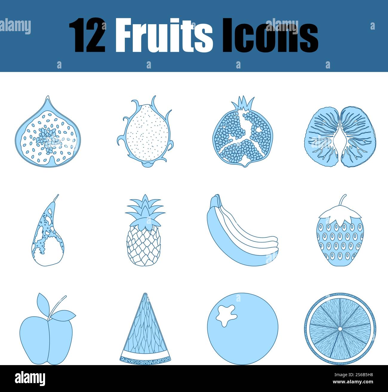 Fruits Icon Set. Thin Line With Blue Fill Design. Vector Illustration ...