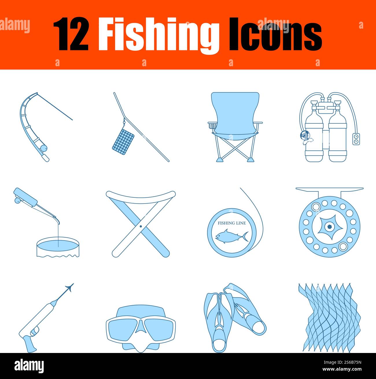 Fishing Icon Set. Thin Line With Blue Fill Design. Vector Illustration ...
