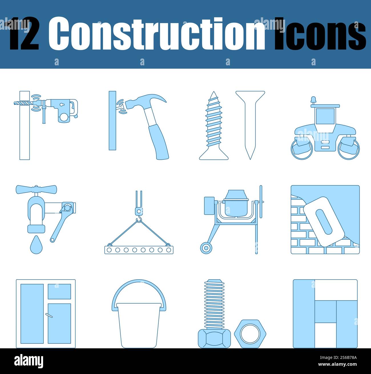 Construction Icon Set. Thin Line With Blue Fill Design. Vector Illustration. Stock Vector