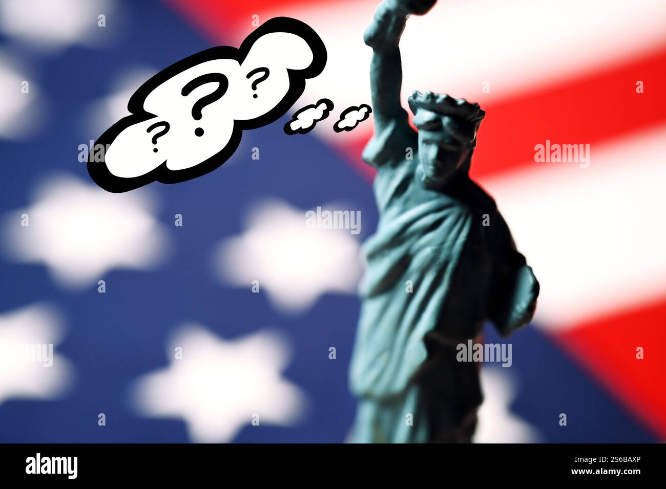 FOTOMONTAGE, Freiheitsstatue mit Gedankenblase und Fragezeichen auf US ...