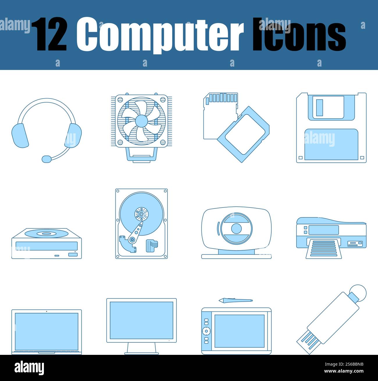 Computer Icon Set. Thin Line With Blue Fill Design. Vector Illustration. Stock Vector