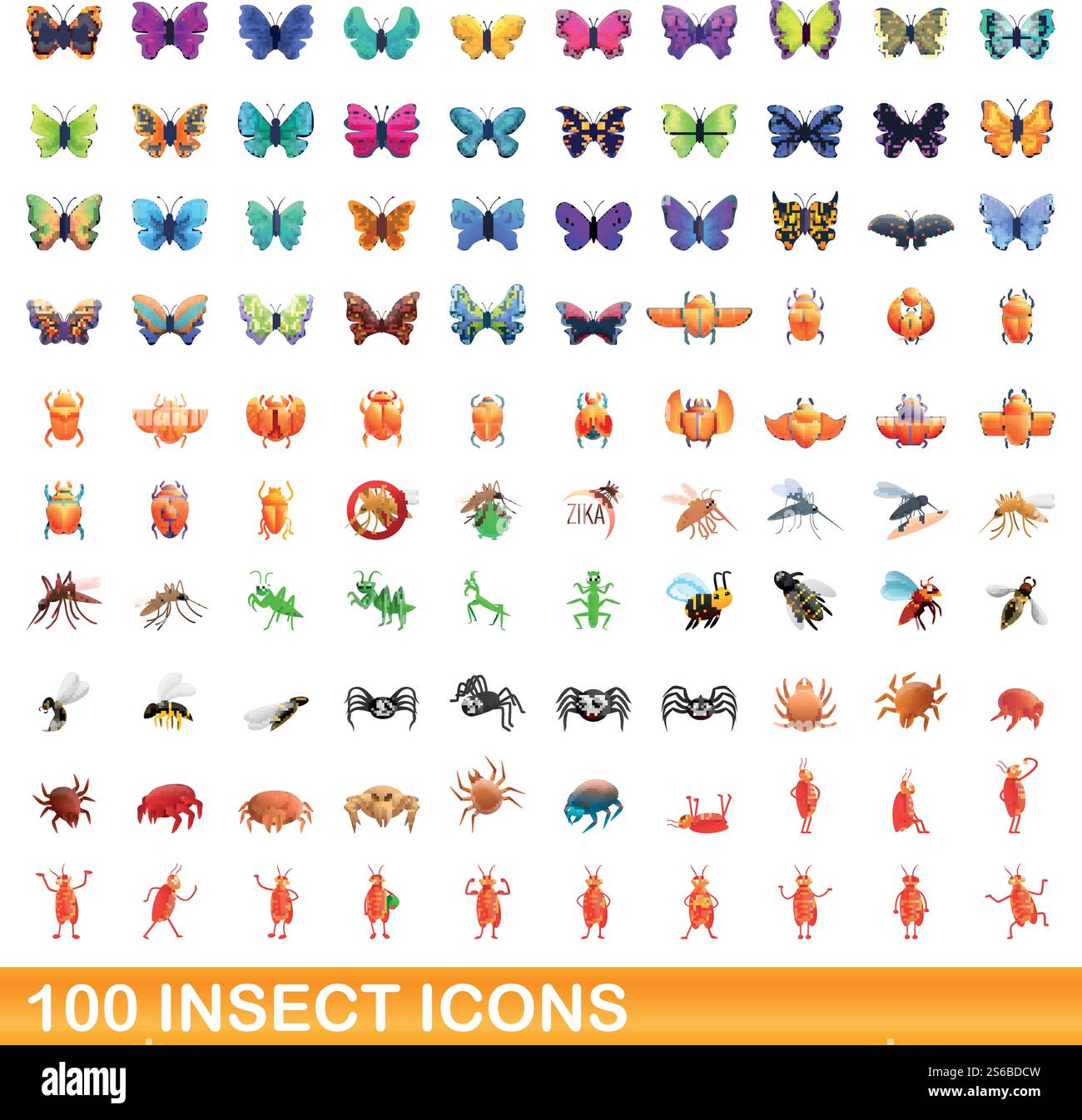 100 insect icons set. Cartoon illustration of 100 insect icons vector ...