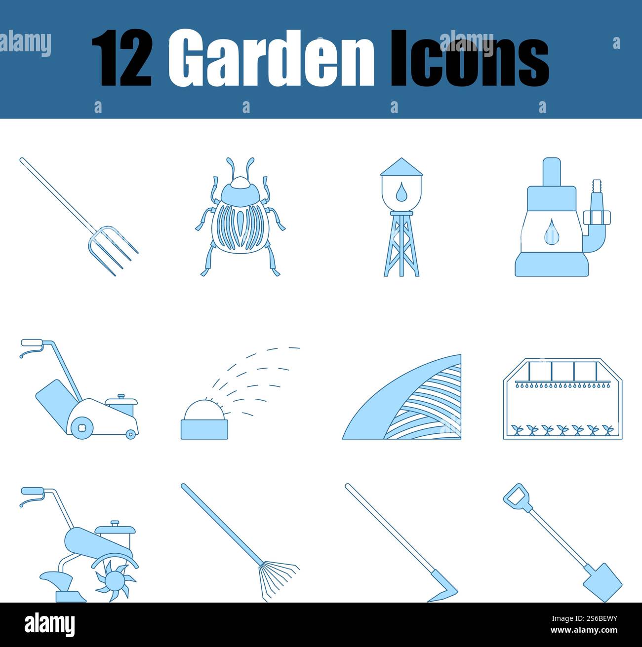 Garden Icon Set. Thin Line With Blue Fill Design. Vector Illustration. Stock Vector