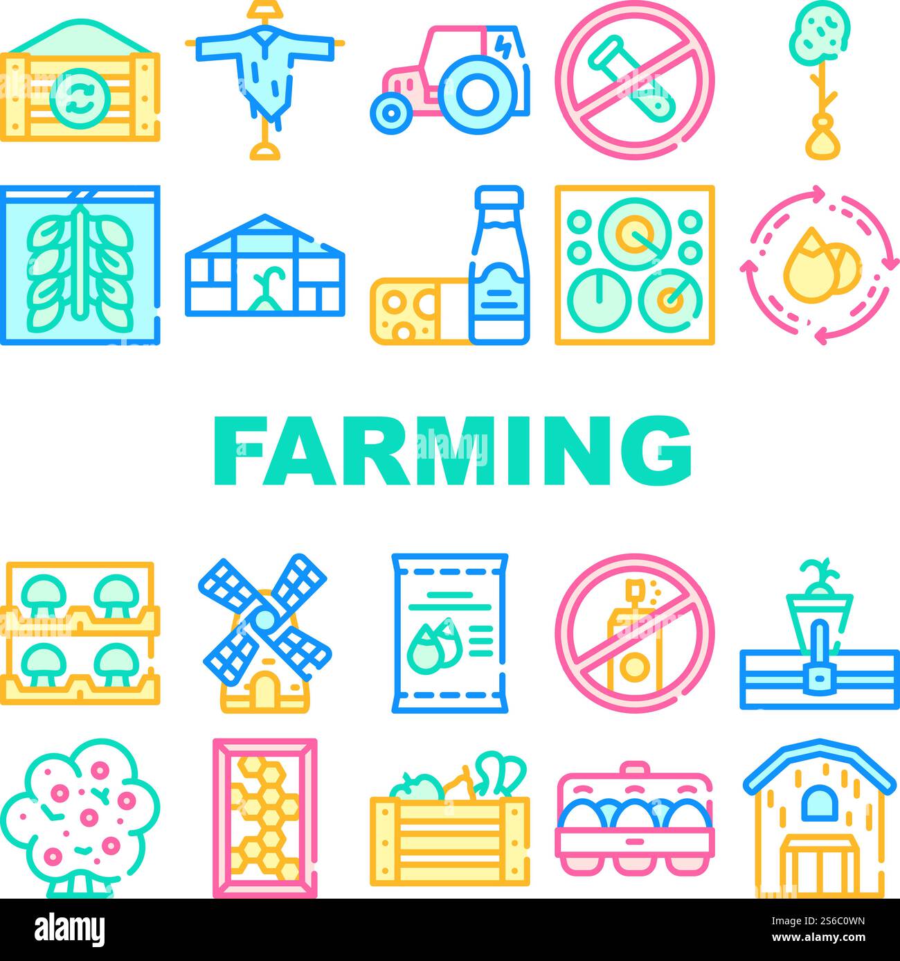 Organic Eco Farming Collection Icons Set Vector. Electrical Tractor And ...