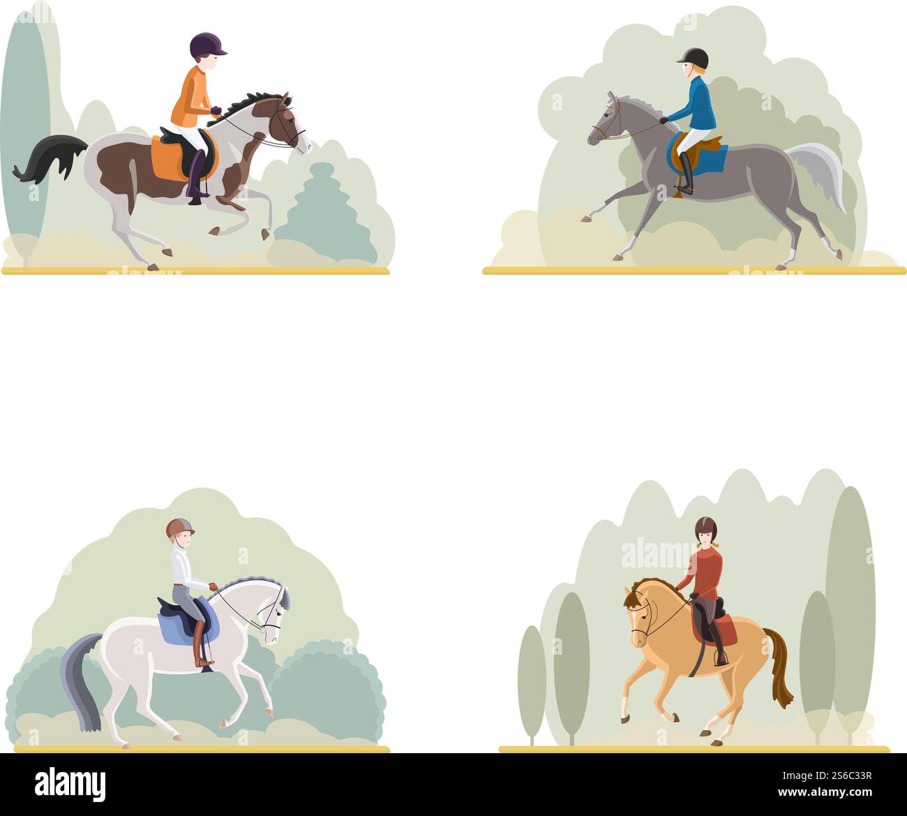 A set of pictures from the park, children riding ponies in nature Stock Vector