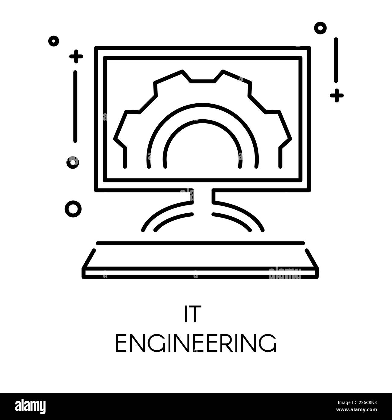 IT engineering and app development isolated outline icon vector. Writing code, multitasking, smart computer program testing and speed optimization. Monitor with cogwheel, digital technologies. App development and it engineering isolated outline icon Stock Vector