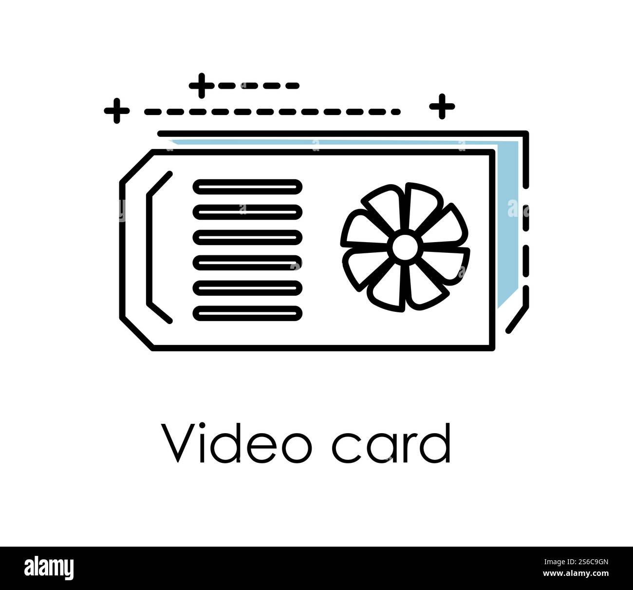 Video graphics card, cryptocurrency mining equipment isolated linear icon vector. Power supply and blockchain mining, mining crypto currency. Server farm, data processing unit outline symbol. Cryptocurrency mining, video graphics card isolated icon Stock Vector