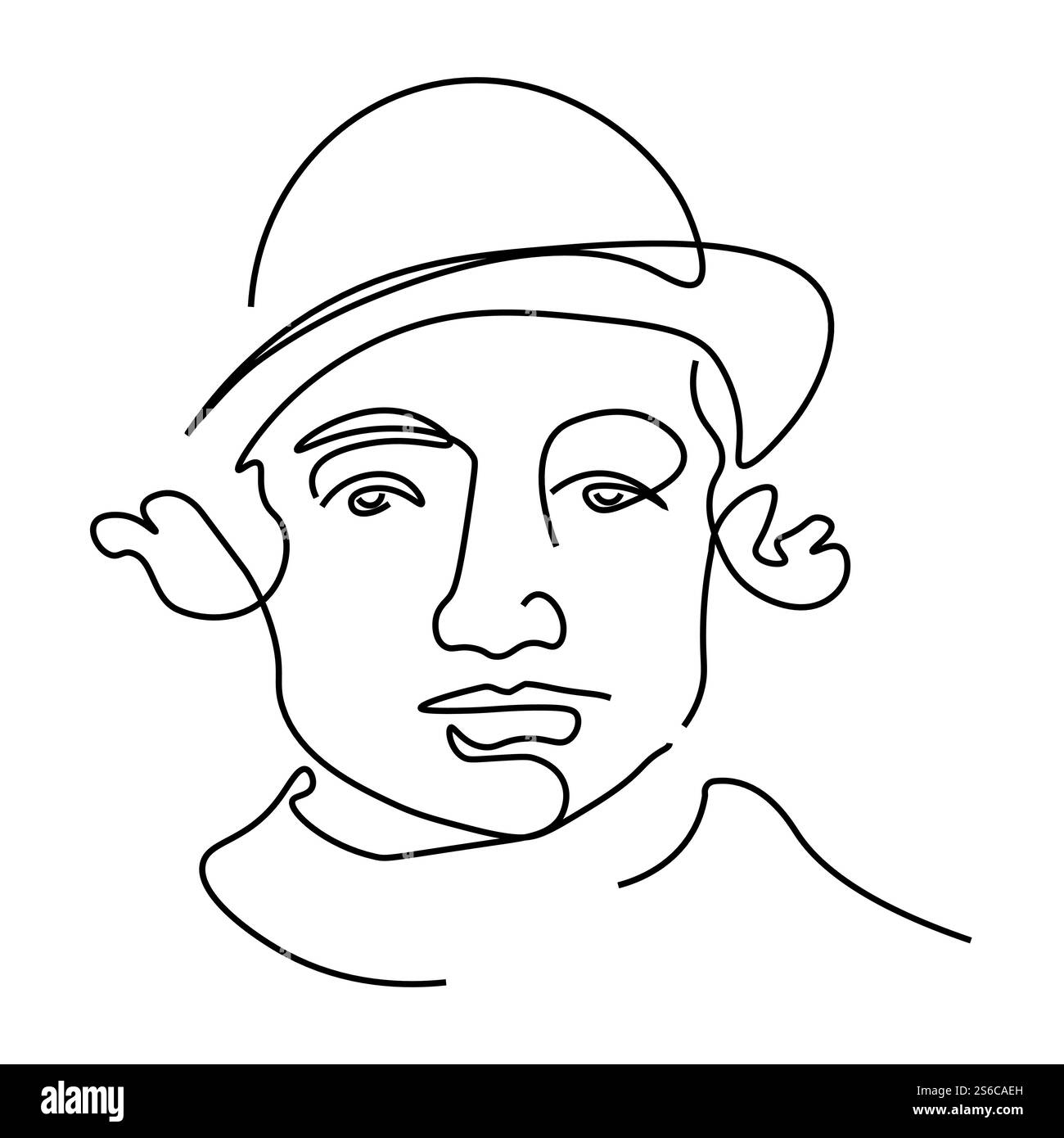 Continuous line Jewish man in bowler hat portrait, facial expression isolated icon vector. One line art, male face with curly hair hand drawn silhouette. Avatar, outline art, Jew person features. Jewish man outline portrait, facial expression isolated icon Stock Vector