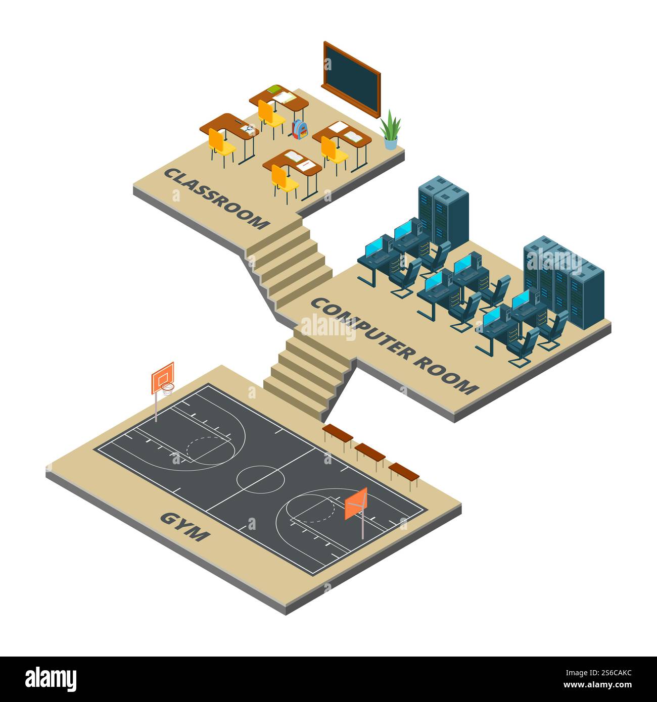 Isometric school interior vector concept. Crassroom, computer room and ...