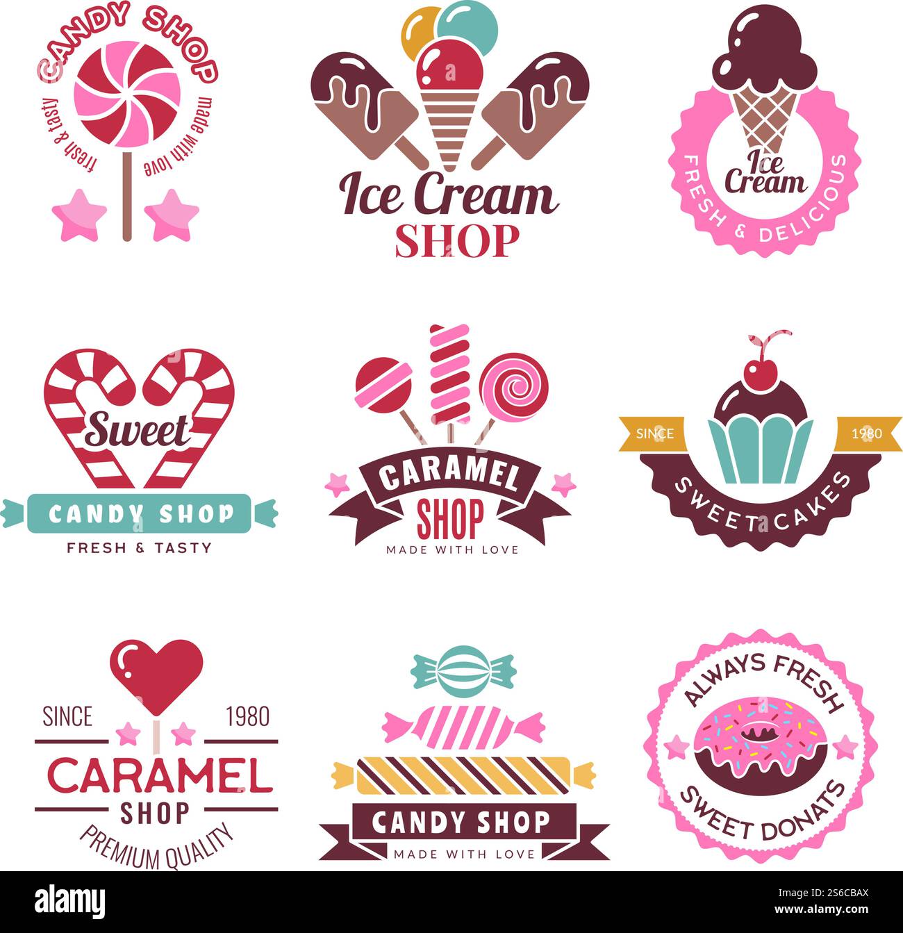 Sweets logo. Badges for candy shop confectionery company lollipop cakes ...