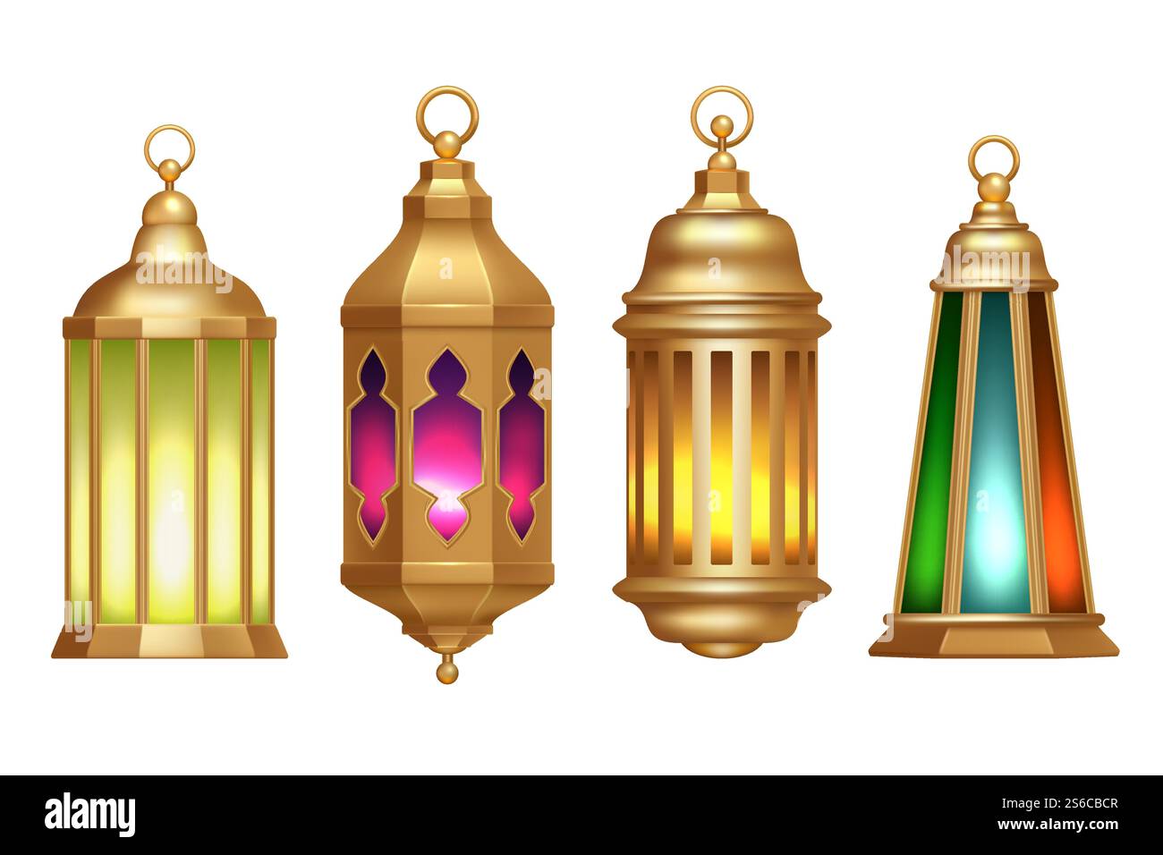 Ramadan lanterns. Muslim islamic vintage lamps 3d realistic vector illustrations isolated on white. Ramadan lanterns. Muslim islamic vintage lamps 3d realistic vector illustrations Stock Vector