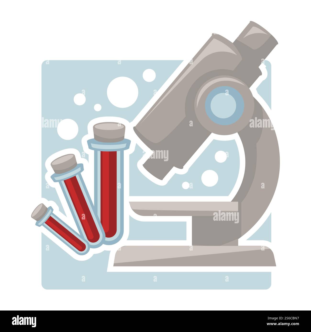 Donor center or medical lab, blood test and donation, microscope and flasks isolated icon vector. Hematology, clinical analysis, medicine and healthcare. Laboratory equipment for donating, charity. Blood test and donation, donor center isolated icon, microscope and flask Stock Vector