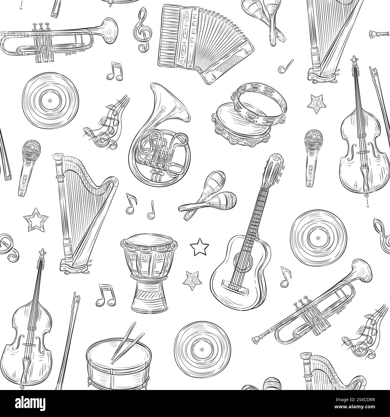 Music seamless pattern. Musical instruments doodles. Rock roll vintage outline hand drawn sketch vector texture. Illustration of music instrument background. Music seamless pattern. Musical instruments doodles. Rock roll vintage outline hand drawn sketch vector texture Stock Vector
