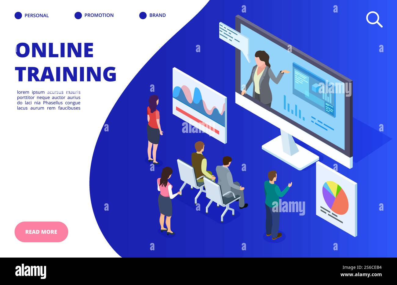 Isometric online video training, webinar vector illustration. Online ...