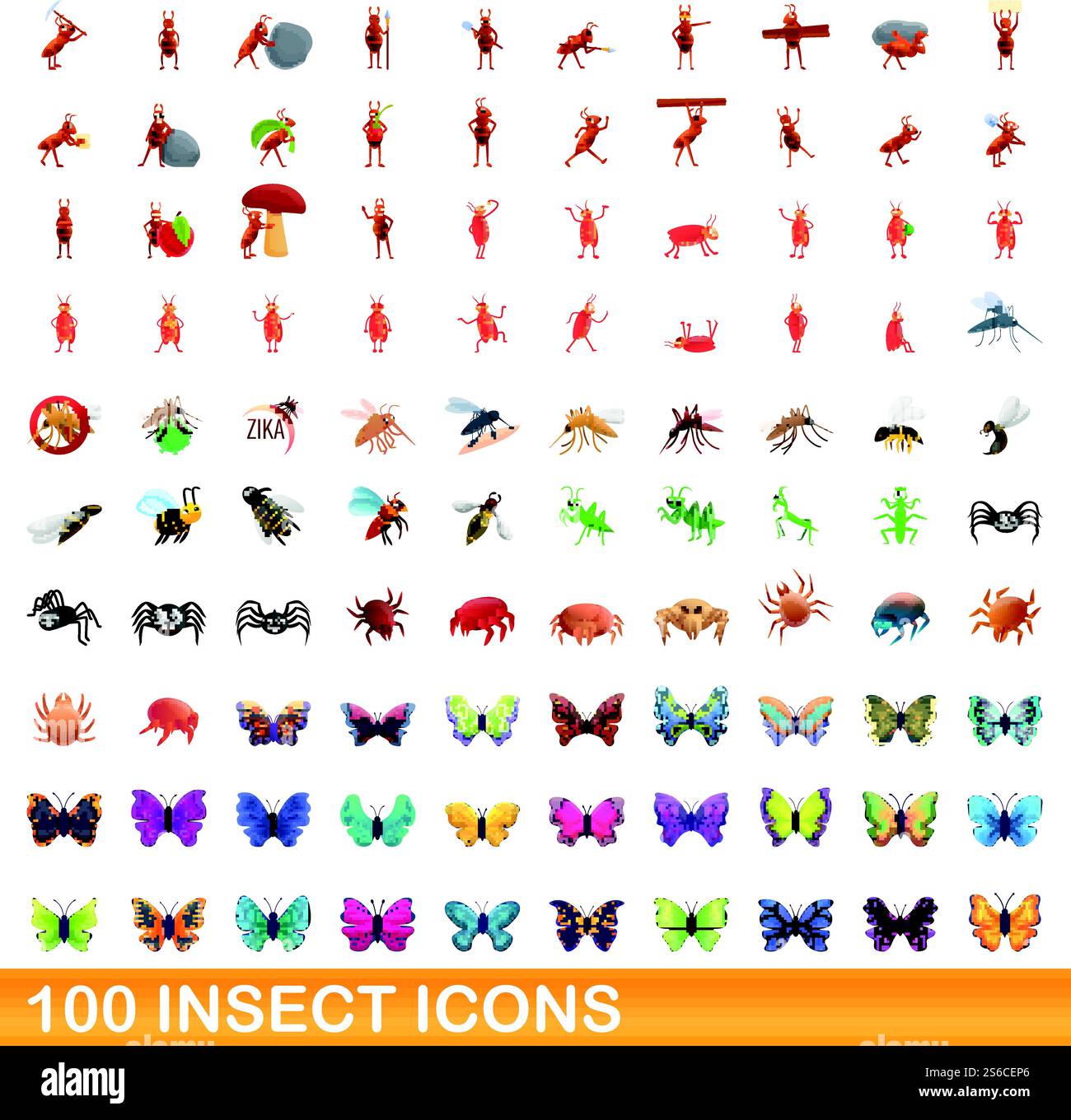 100 insect icons set. Cartoon illustration of 100 insect icons vector ...