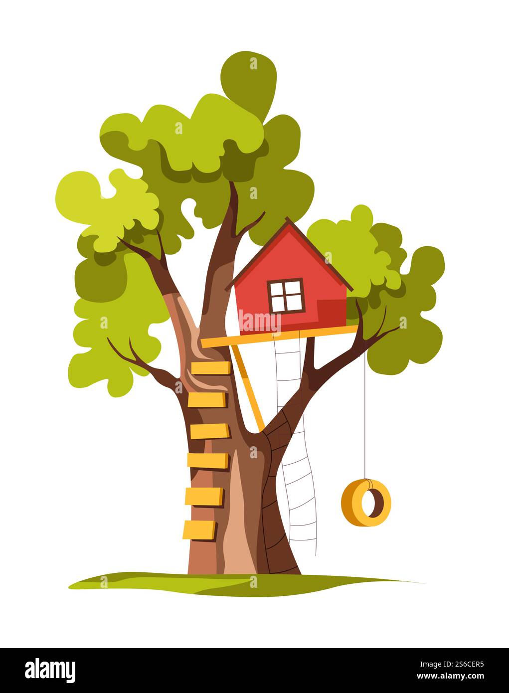 Backyard house on tree childish playground ladder and swing of tire ...