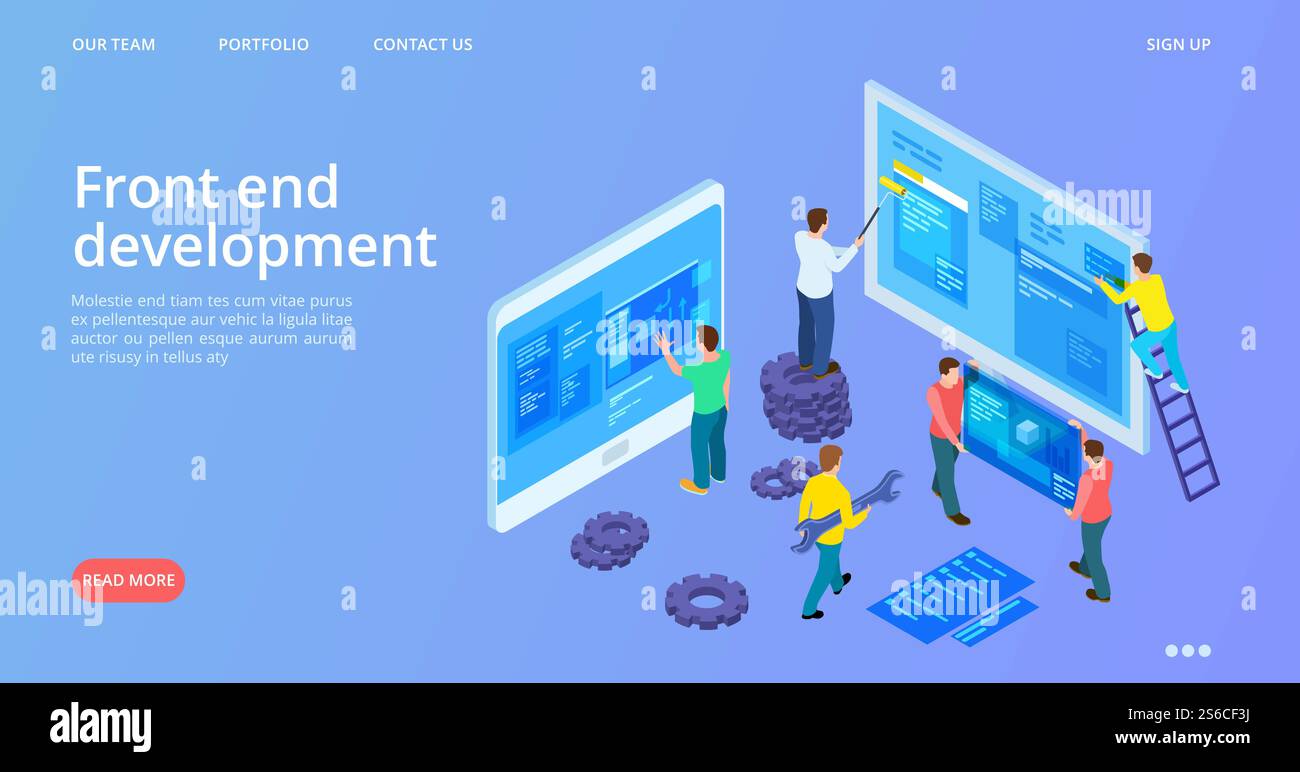 Front end development. Isometric interface development landing page ...