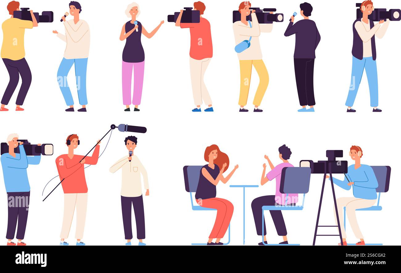 Interview Reporter Back Cartoon Journalists. Broadcaster news journalists broadcasting camera crew ...