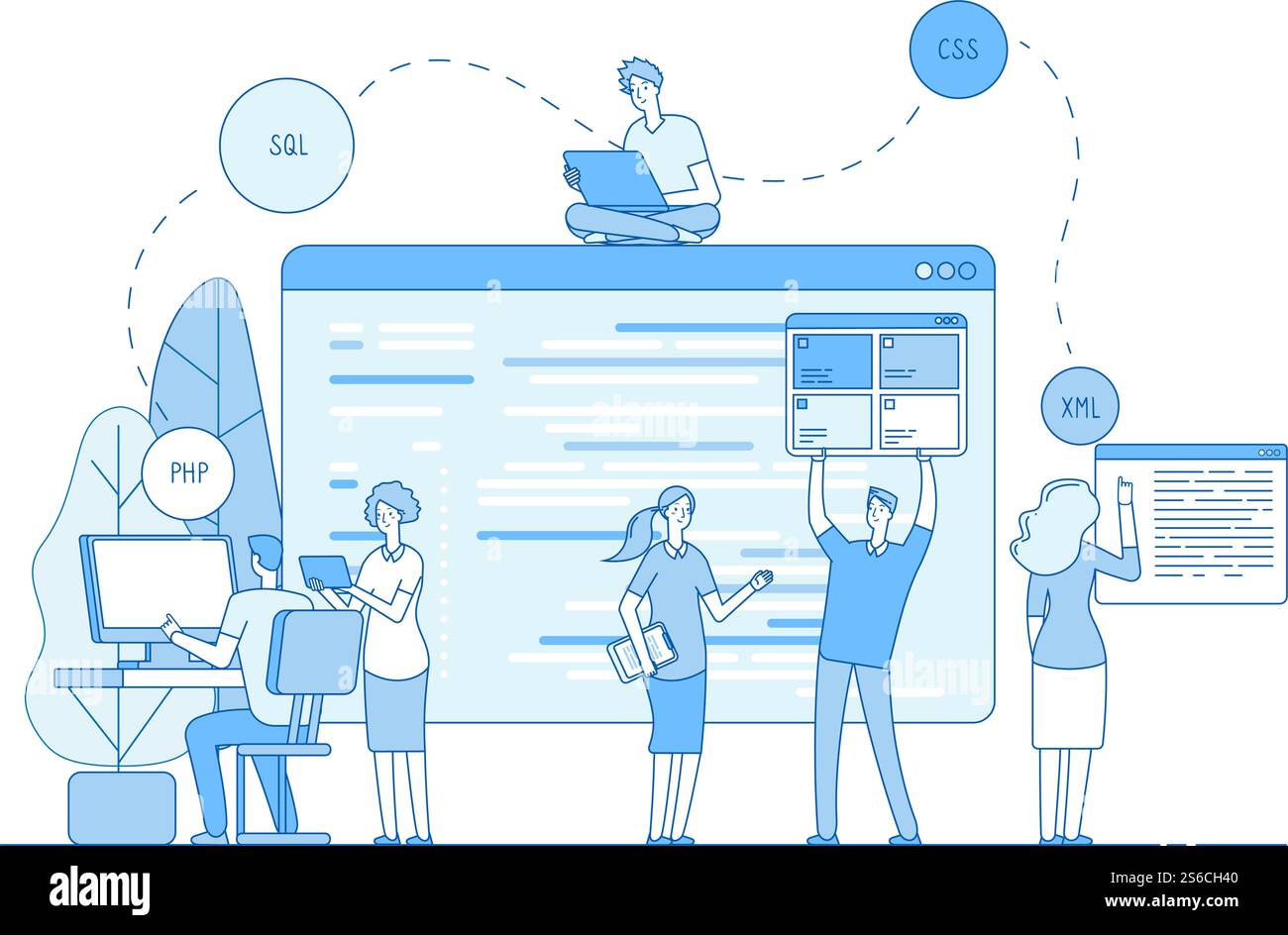 Programmers coding website. Coders write source code on screen on window. Php css engineer designer support line vector concept. Illustration of team programmer write code for software. Programmers coding website. Coders write source code on screen on window. Php css engineer designer support line vector concept Stock Vector