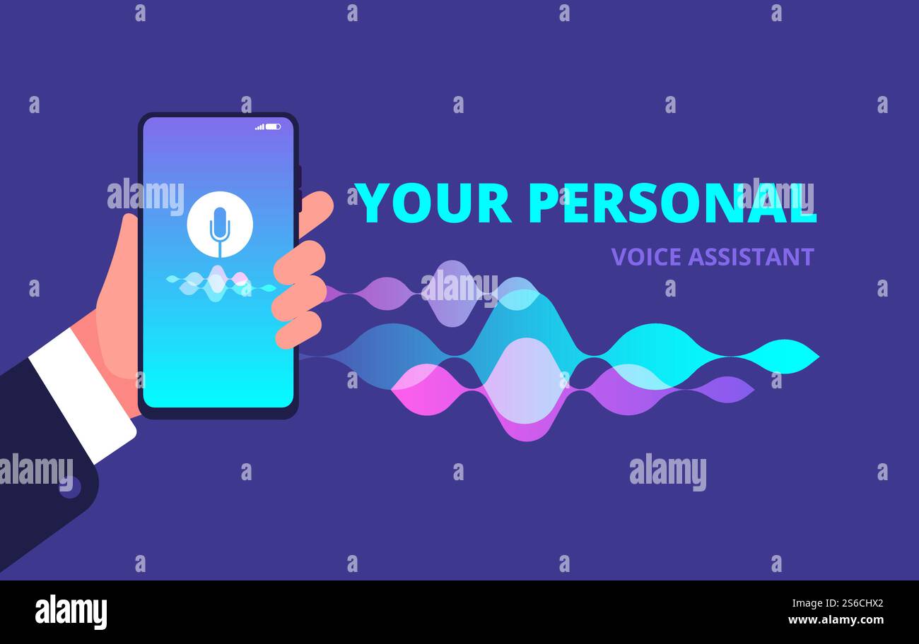 Voice assistant. Sound and music recognition and analytics smartphone app vector concept. Voice sound recognition, technology phone assistant illustration. Voice assistant. Sound and music recognition and analytics smartphone app vector concept Stock Vector