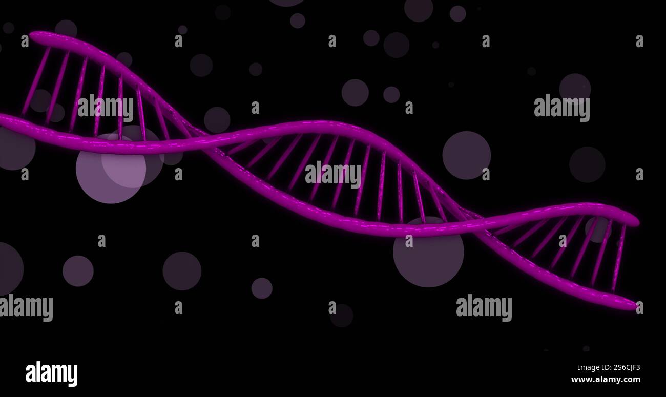 Image of dna strand spinning over glowing spots on dark background Stock Photo