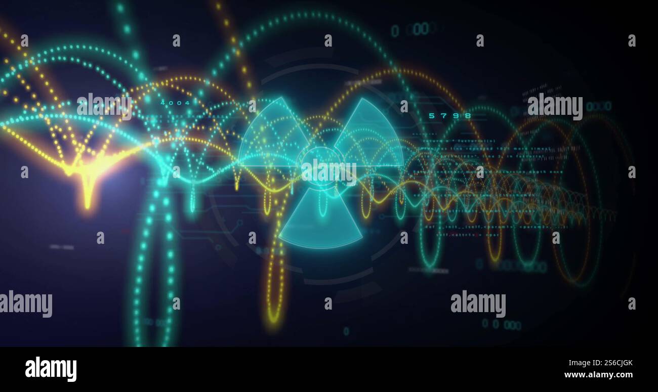 Image of data processing and radiation warning sign on black background Stock Photo