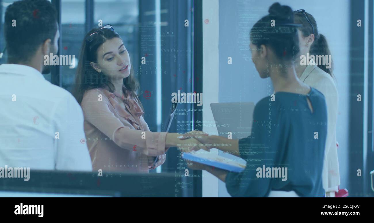 Image of data processing and shapes over diverse colleagues shaking hands Stock Photo