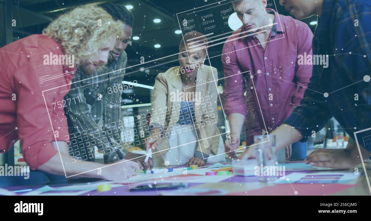 Image of data processing and shapes over diverse colleagues discussing ...