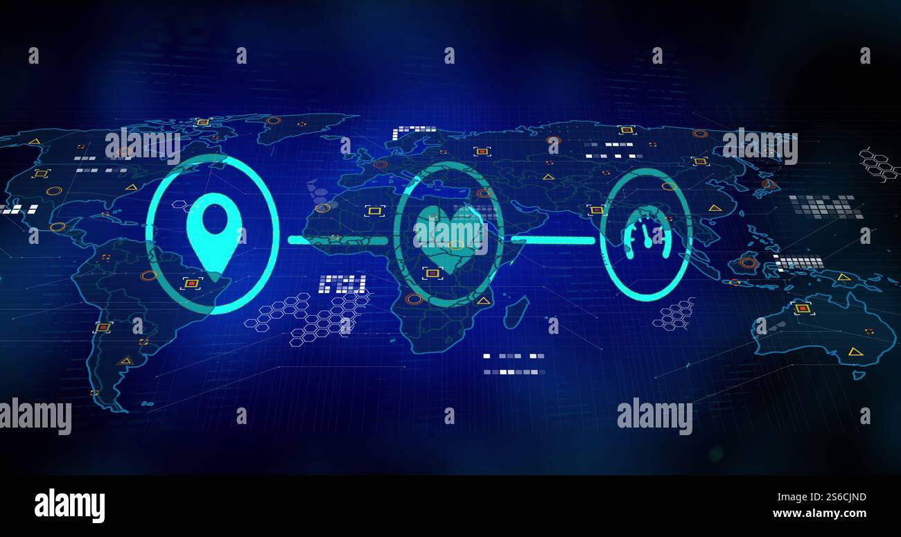 Image of data processing and world map with icons over dark background ...