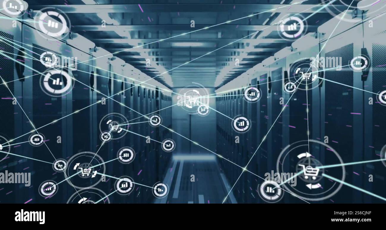 Image of network of shopping cart and data processing icons over server ...