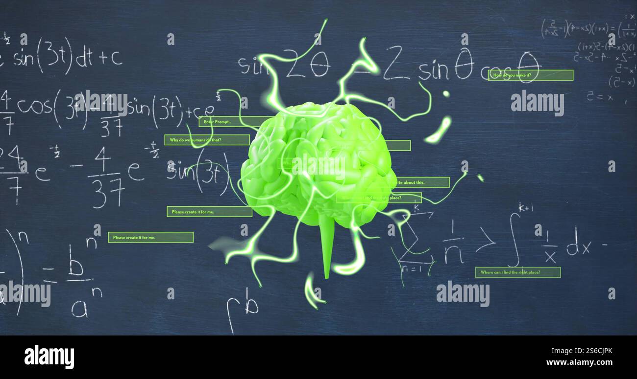 Image of neon shapes over mathematical equations and brain Stock Photo