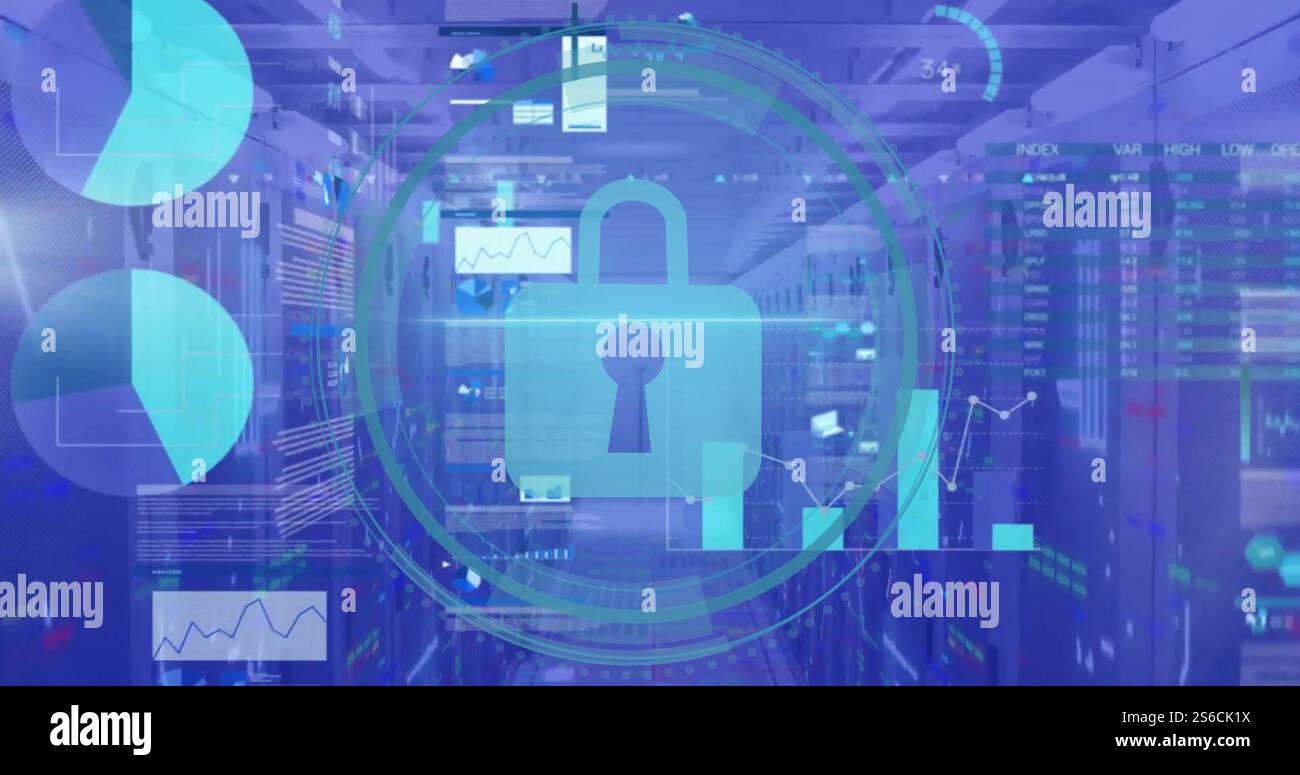 Image of padlock icon with digital data processing over computer servers Stock Photo